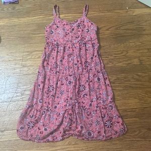 Old navy red/pink summer dress for teen girl is about shin length on a 5’2 girl